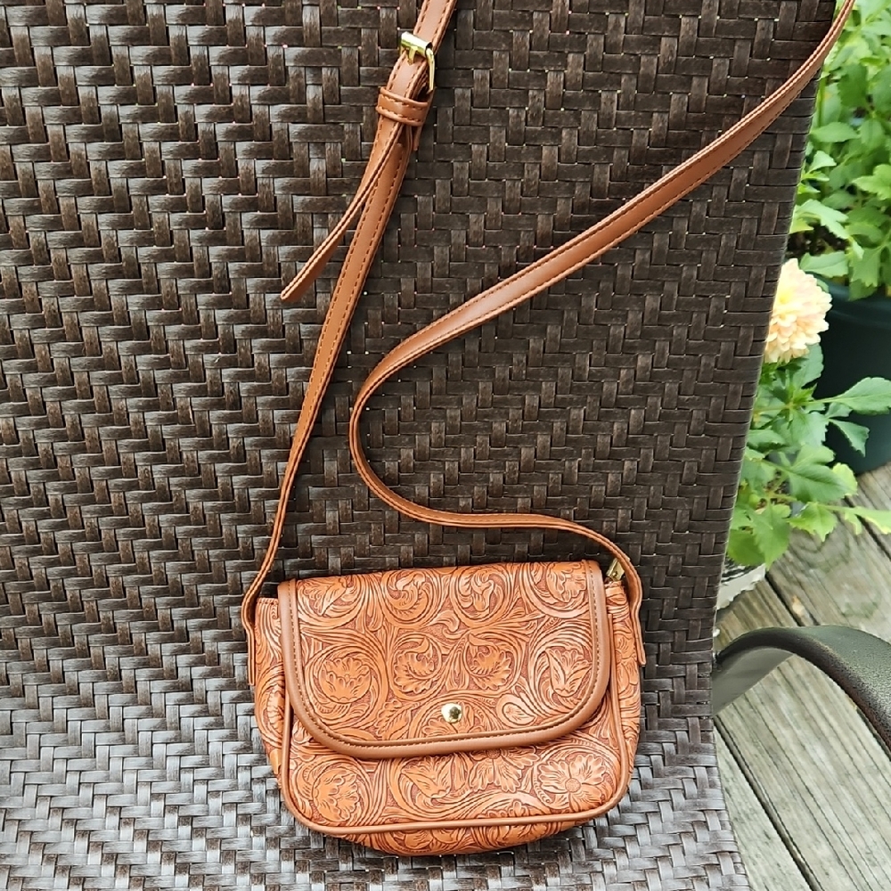 Vegan Tooled Leather Embossed Crossbody Bag